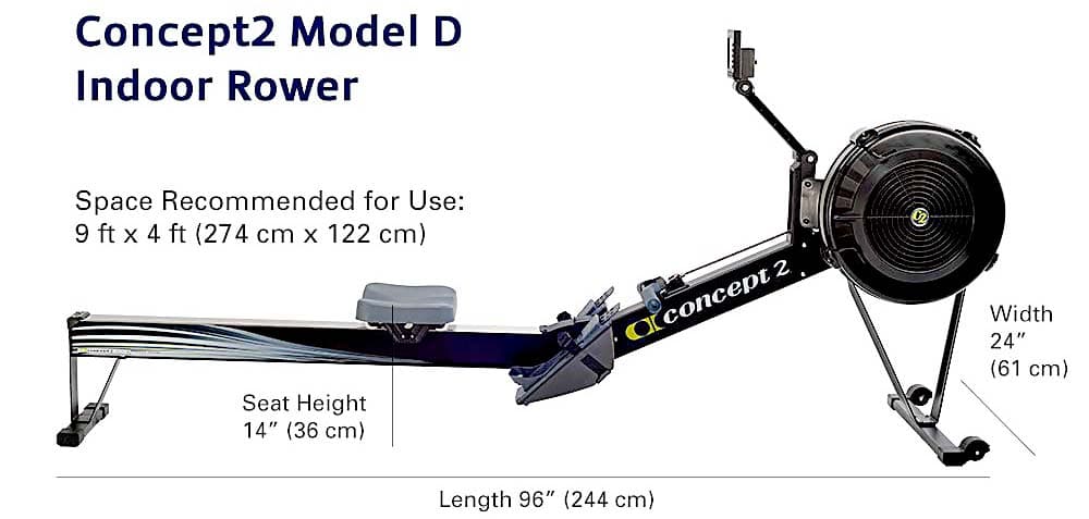 Concept 2 Model D Rowing machine Full view with measurements