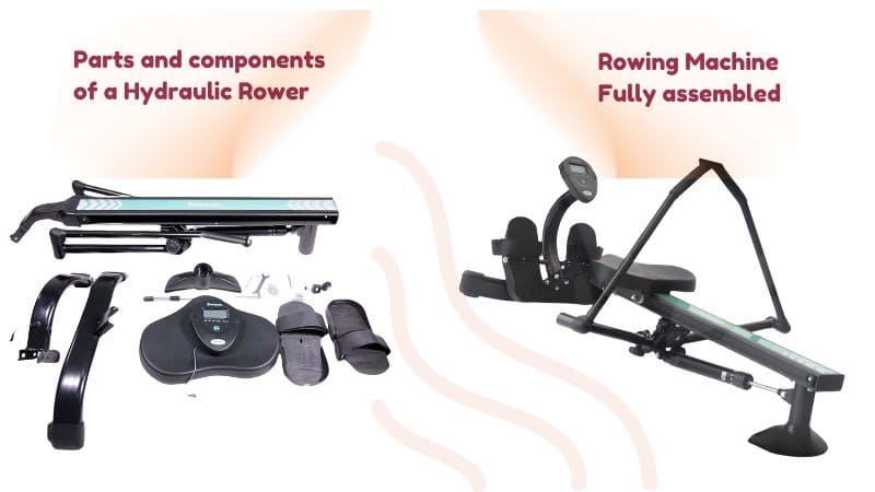 Showing Hydraulic Rowing Machine Parts and When Assembled