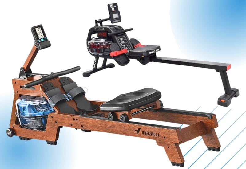 Full view Water Rowing Machines - both wooden and steel frame