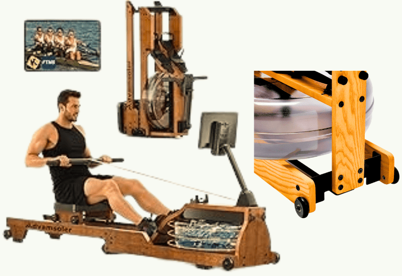 Man on a Water rowing machine, and also showing rower in a upright position